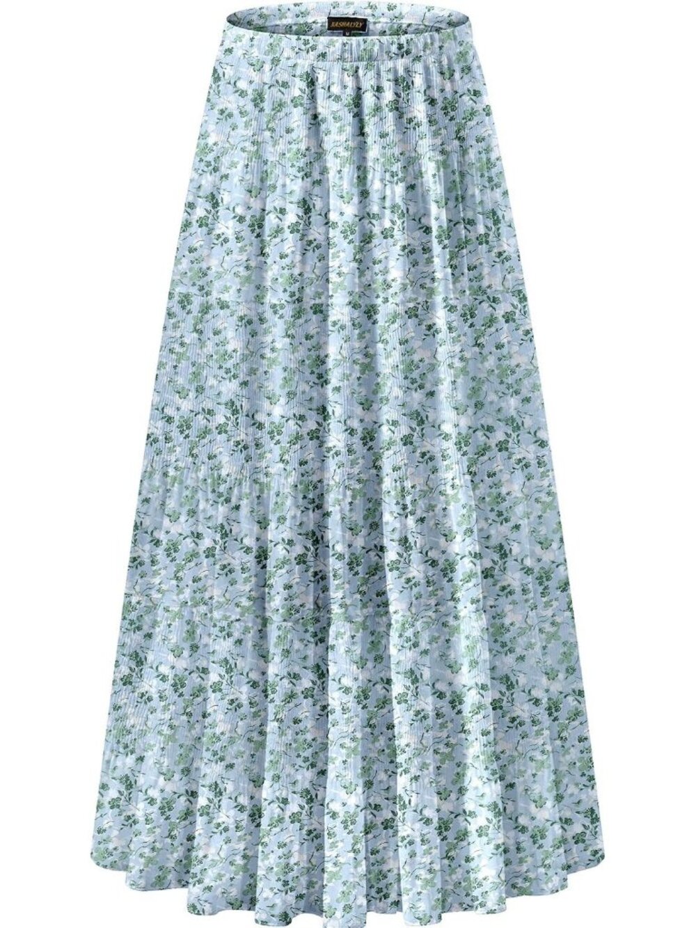 Women Blue Green Floral Chiffon Elastic High Waisted Pleated A-Line Long Skirt